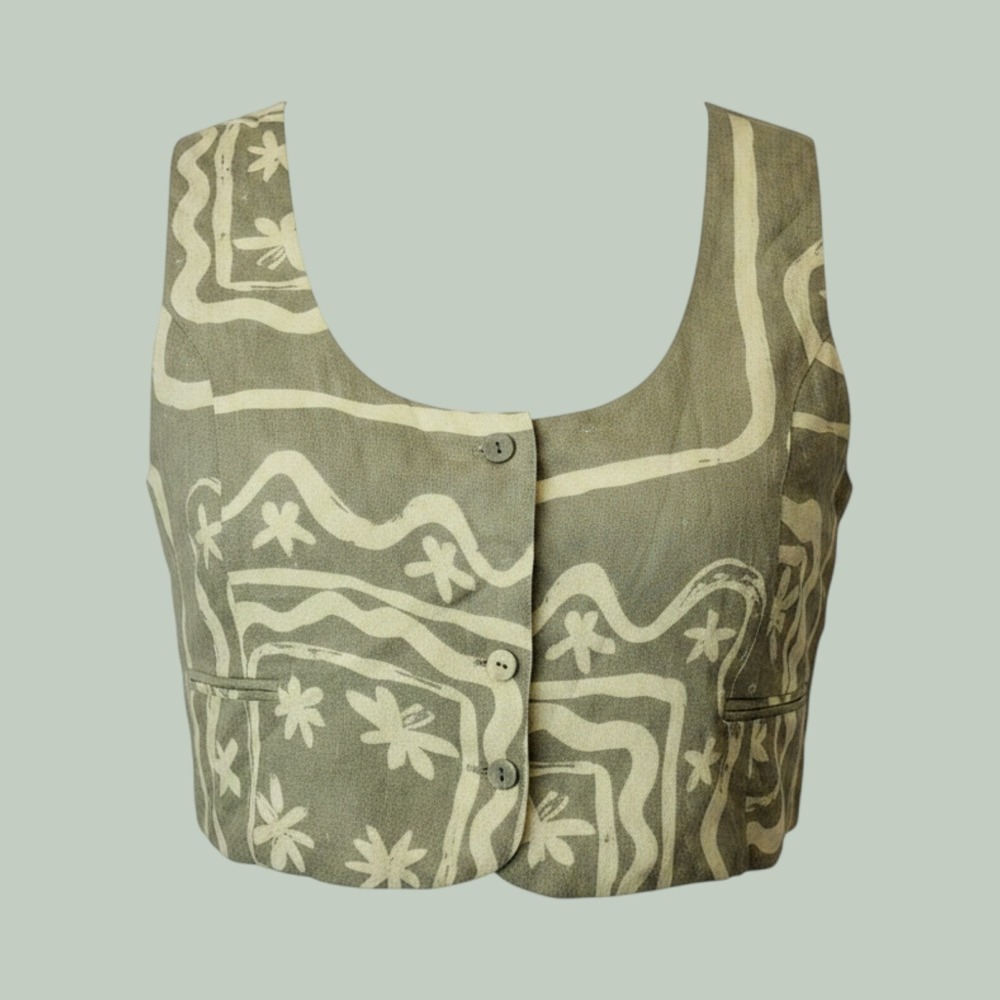 VRG GRL Vest 14 Green Abstract Floral Cropped Boho Linen Blend Retro Layer